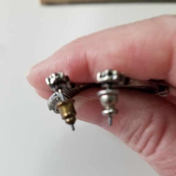 Blue Turquoise Fishbone Silver tone Rhinestone Pierced Earrings - Picture 11 of 11